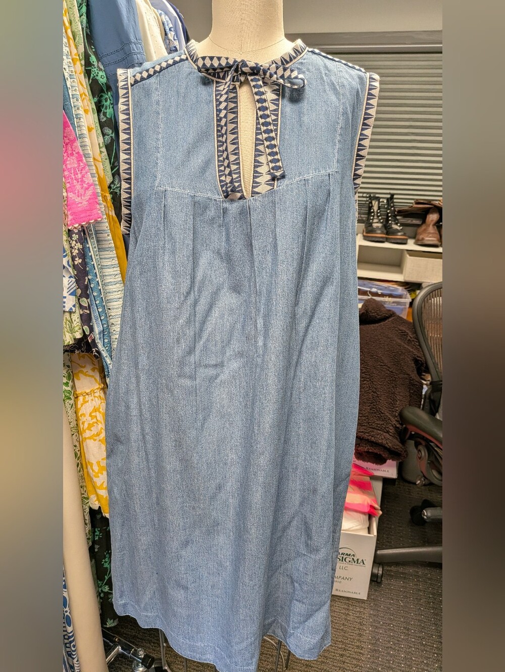 J. Crew Light Blue Sleeveless Chambray Dress with Patterned Tie